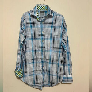 Thomas Dean button down blue white plaid button down shirt. Size Large.